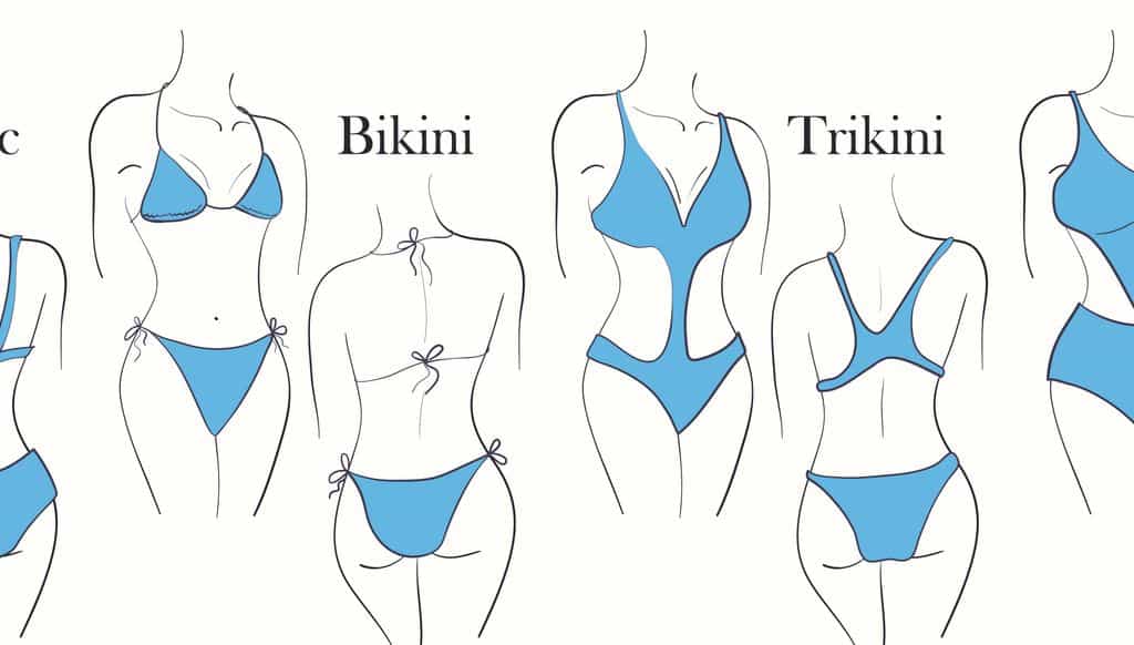 Types of women's swimwear on the figure. Blue illustration of bikini and trikini with a name and an example of a back and front view.