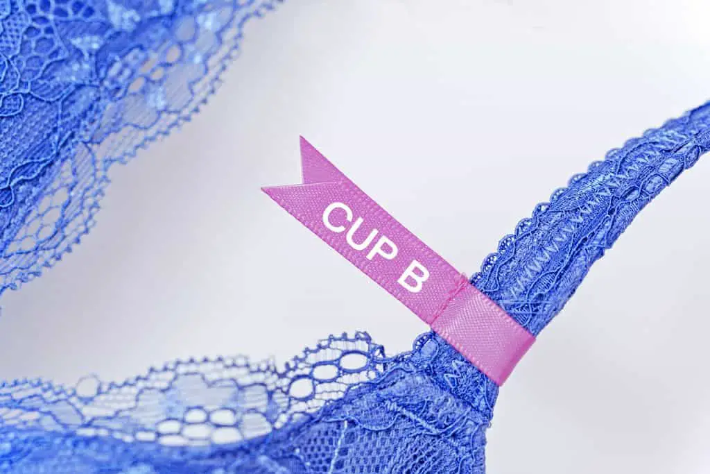 CUP B Pink size label on a blue lace bra, close up, fashion background